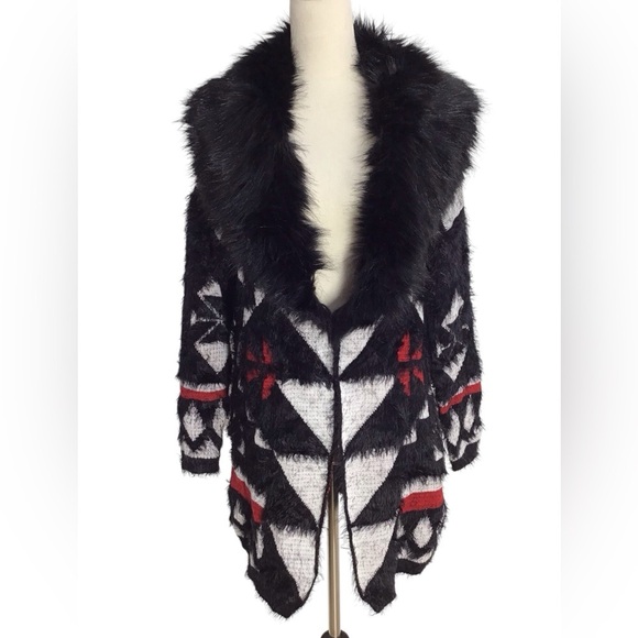 Max Sport Sweaters - BCBG MAXAZRIA COZY AZTEC Faux Fur Trimmed Cardigan Womens Size Large